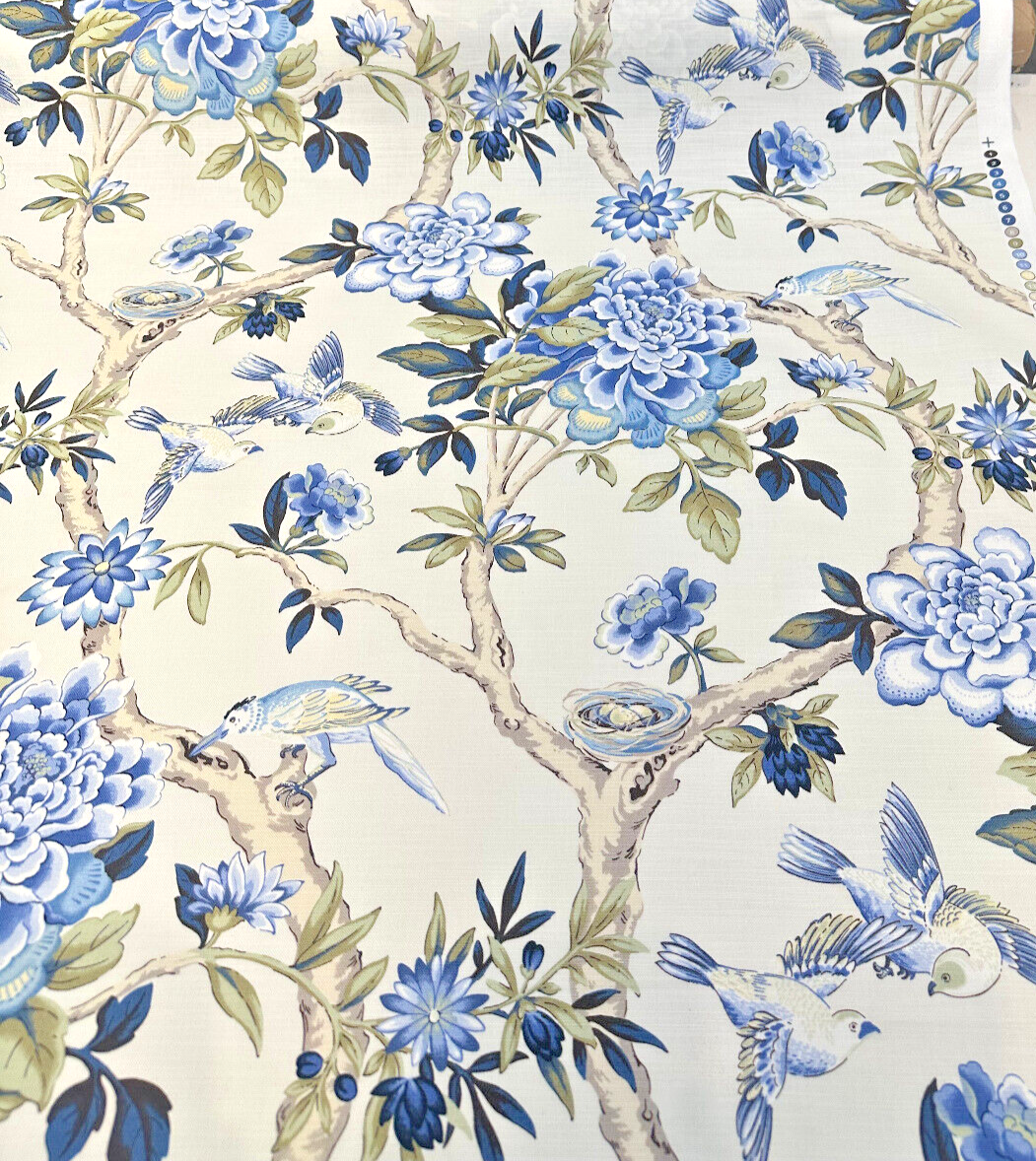 Waverly Mudan Cotton Fabric - Porcelain Blue Floral Birds, 54" Width (By The Yard)