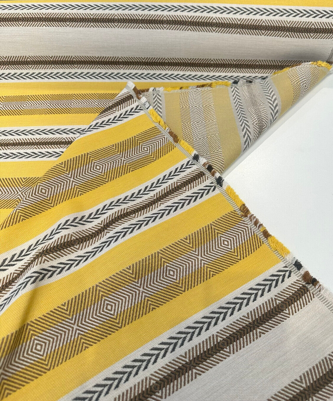 Sunbrella Pindler Mojave Twill Desert Solution Dyed Acrylic Fabric - Yellow, Brown, White Striped Geometric Pattern, 54" Width (1 Yard)