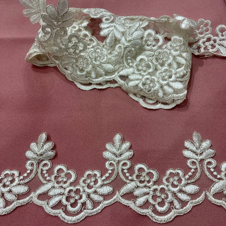 1 Yard Corded Lace Trimming on Net Mesh – 3" Wide Metallic | Embroidered Floral Lace for Special Occasions