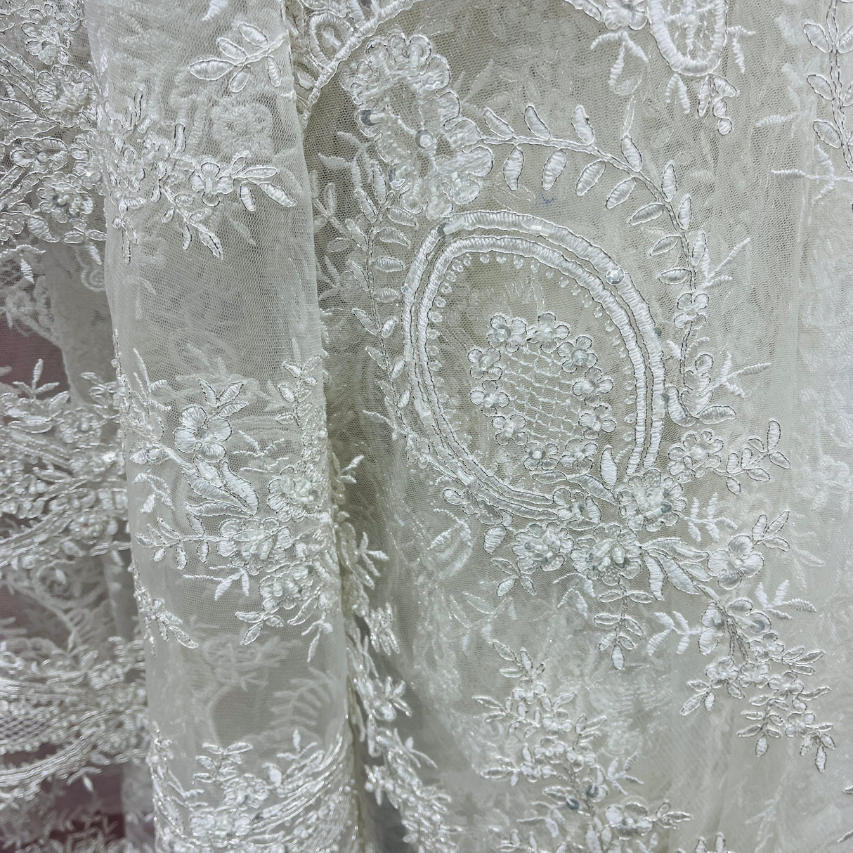 Beaded Corded Lace Mesh White