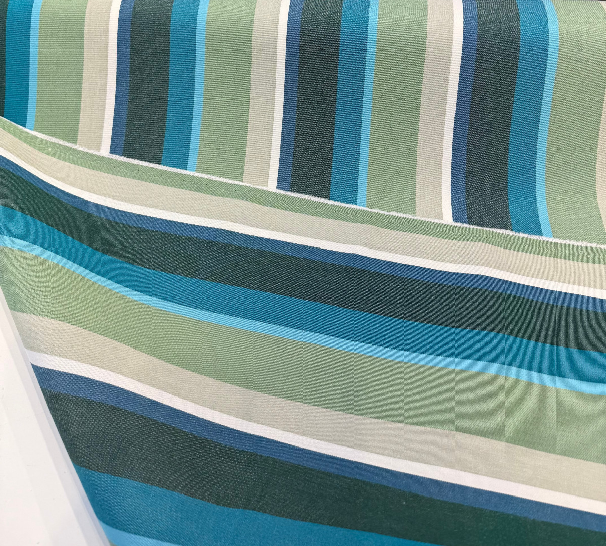 Sunbrella Beaming Lagoon Stripe 100 Percent Solution Dyed Acrylic Fabric - Lagoon Blue/Teal/Forest Green/Olive Green/Ivory Stripes, 54" Width (1 Yard)