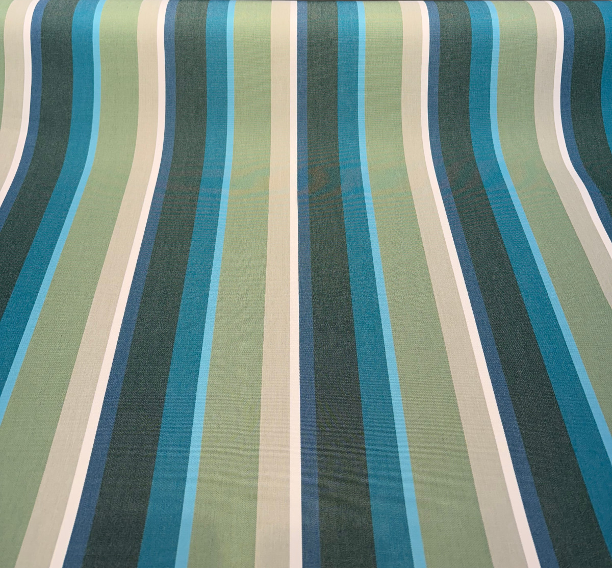 Sunbrella Beaming Lagoon Stripe 100 Percent Solution Dyed Acrylic Fabric - Lagoon Blue/Teal/Forest Green/Olive Green/Ivory Stripes, 54" Width (1 Yard)