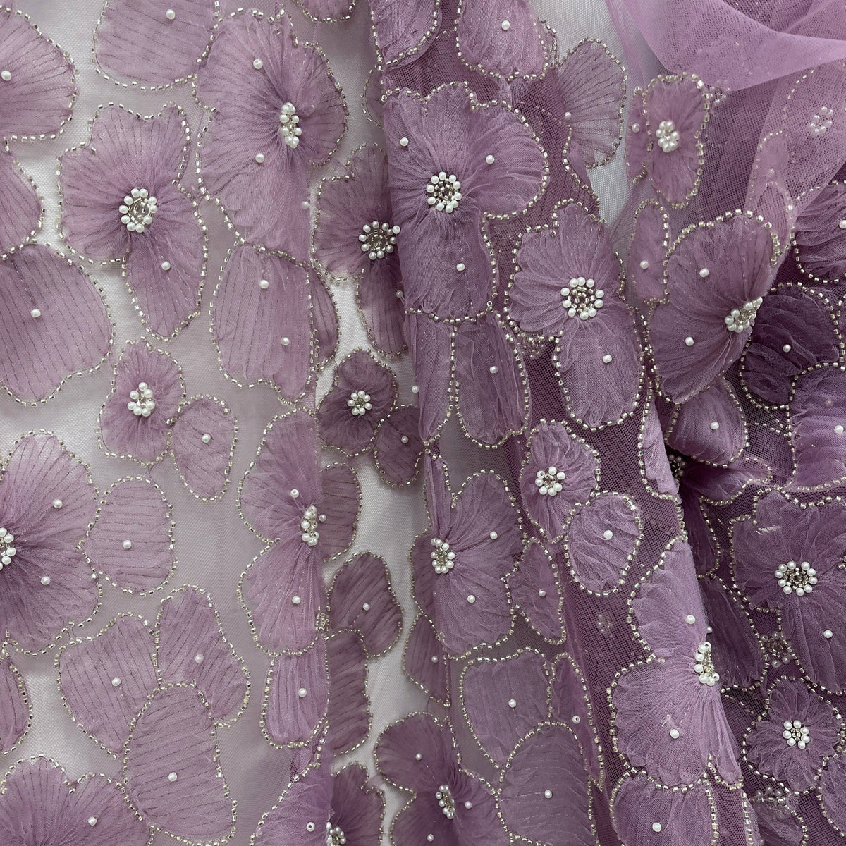 1 Yard 52" Wide Beaded 3D Floral Lace Fabric Embroidered on 100% Polyester Net Mesh