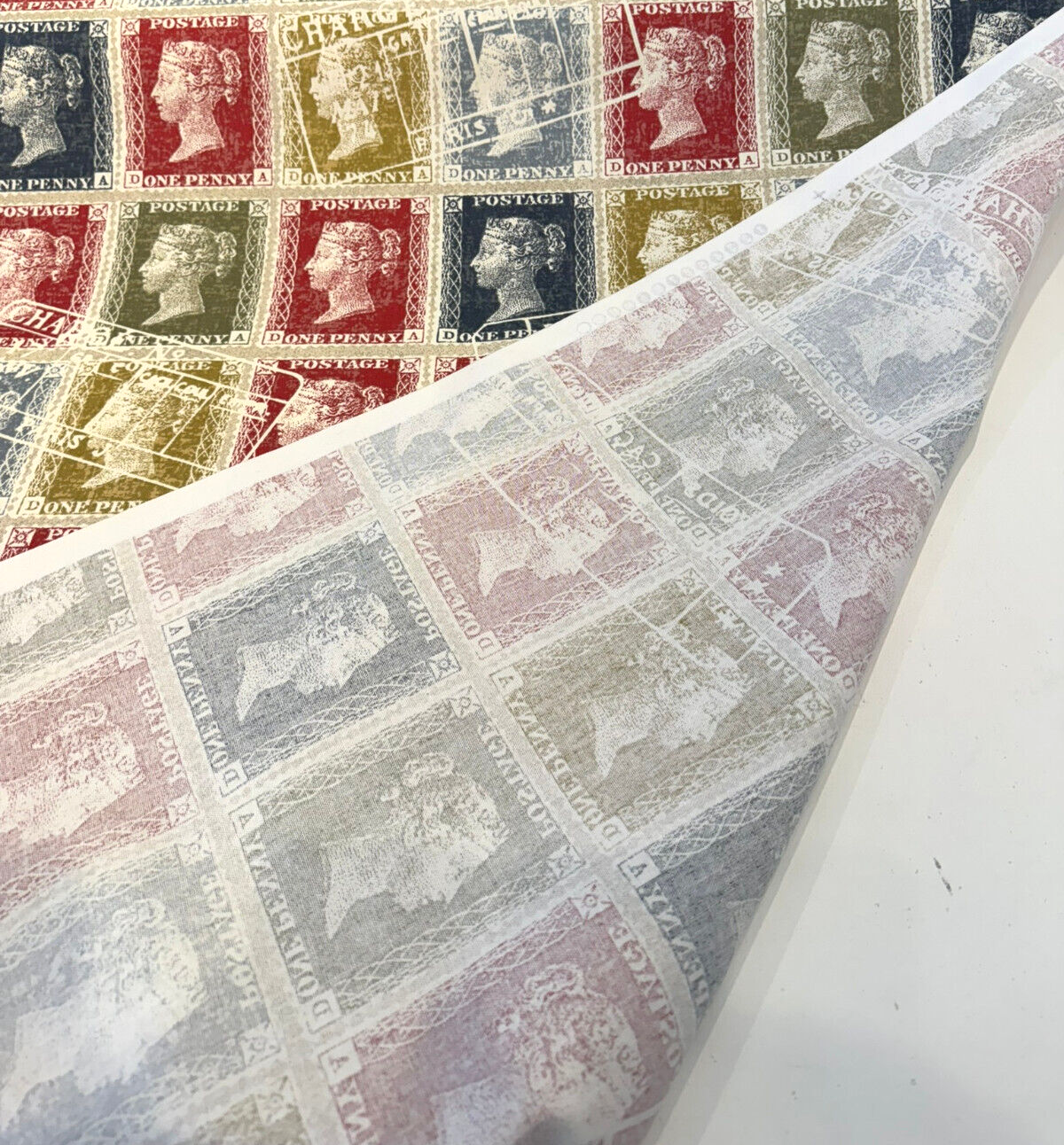Richloom Vintage Stamps Cotton Fabric - Antique Red, Navy Blue, Olive Green, Golden Tan, Ivory Cream, Charcoal Gray, Postage Stamp Pattern, 54" Width (1 Yard)