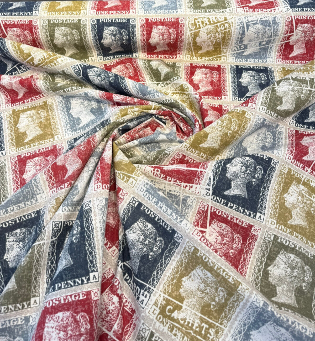 Richloom Vintage Stamps Cotton Fabric - Antique Red, Navy Blue, Olive Green, Golden Tan, Ivory Cream, Charcoal Gray, Postage Stamp Pattern, 54" Width (1 Yard)