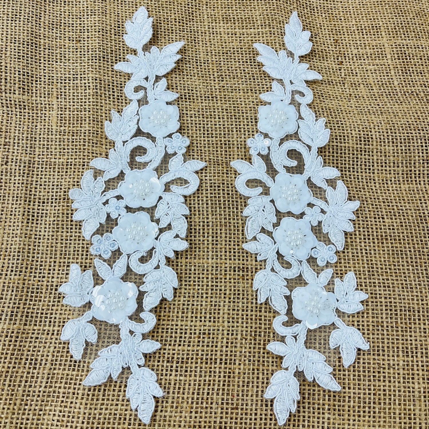 1 Pair 11" x 3" Each Side Beaded & Corded Floral 3D Lace Applique 100% Polyester Net Mesh