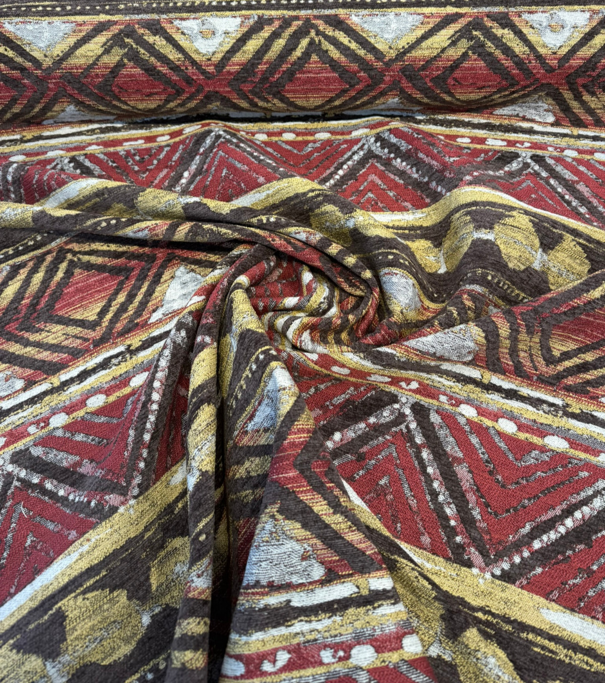 Swavelle Tribal Nunatak Mahogany Chenille Fabric - Mahogany Tribal Geometric Pattern, 57" Width (1 Yard)