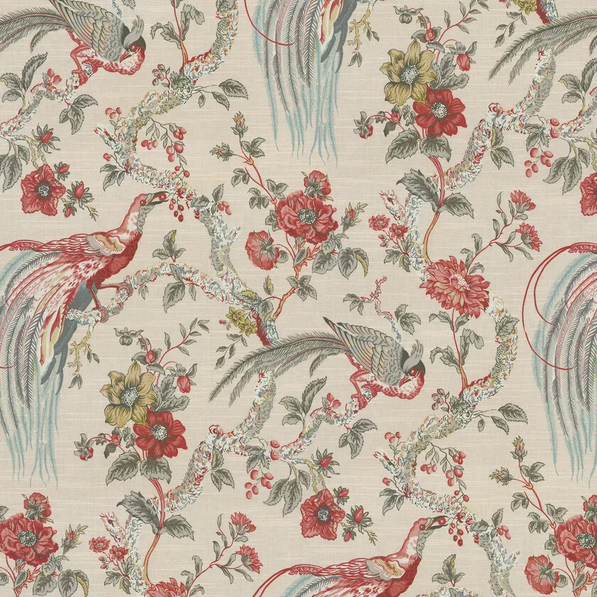 Waverly Olana Petal Paradise Birds Cotton Fabric - Paradise Birds, Coral Red, Golden Mustard, Soft Blue, 54" Width (By The Yard)