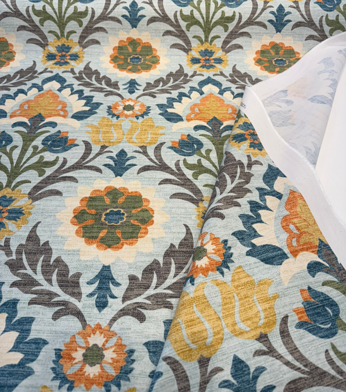 Santa Maria Creek Cotton Fabric - Floral Damask, Aqua Multi Color, 54" Width (By The Yard)