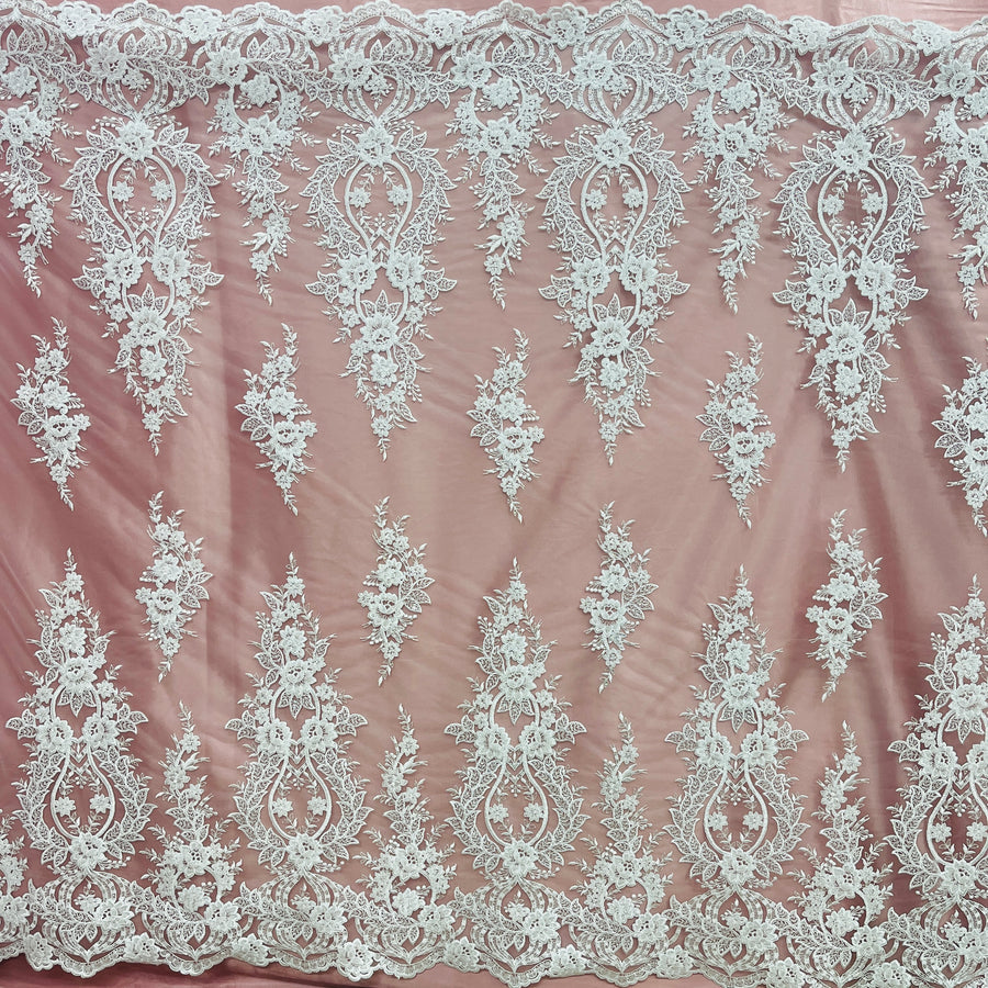 1 Yard Beaded and Corded Bridal Lace Fabric Embroidered on Polyester Net Mesh White and Ivory