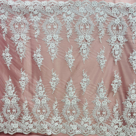1 Yard Beaded and Corded Bridal Lace Fabric Embroidered on Polyester Net Mesh White and Ivory