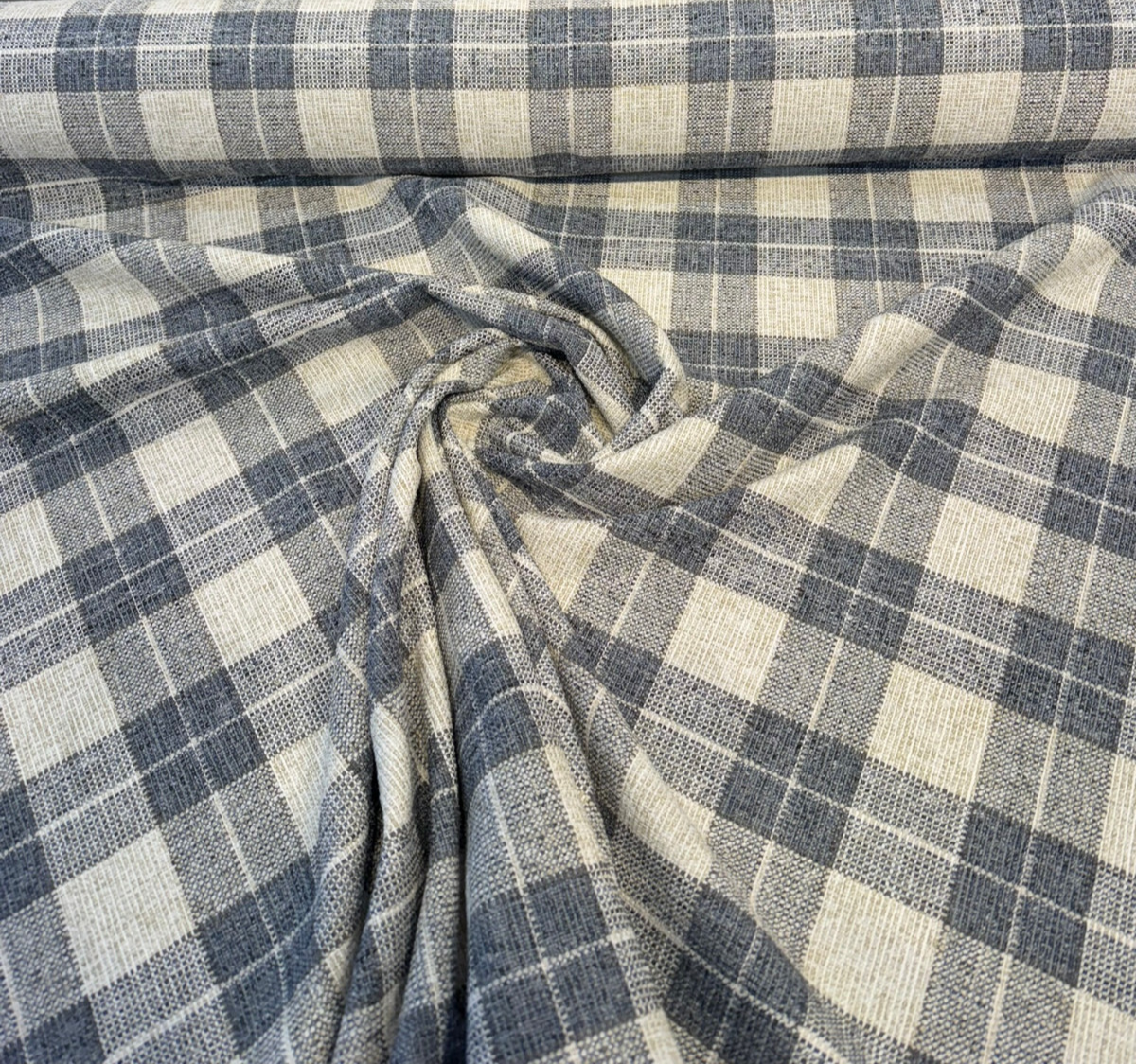 Carry On Atlantic Blue Checkered Plaid Polyester Fabric - Navy Blue/Cream Checkered Plaid, 54" Width (By The Yard)