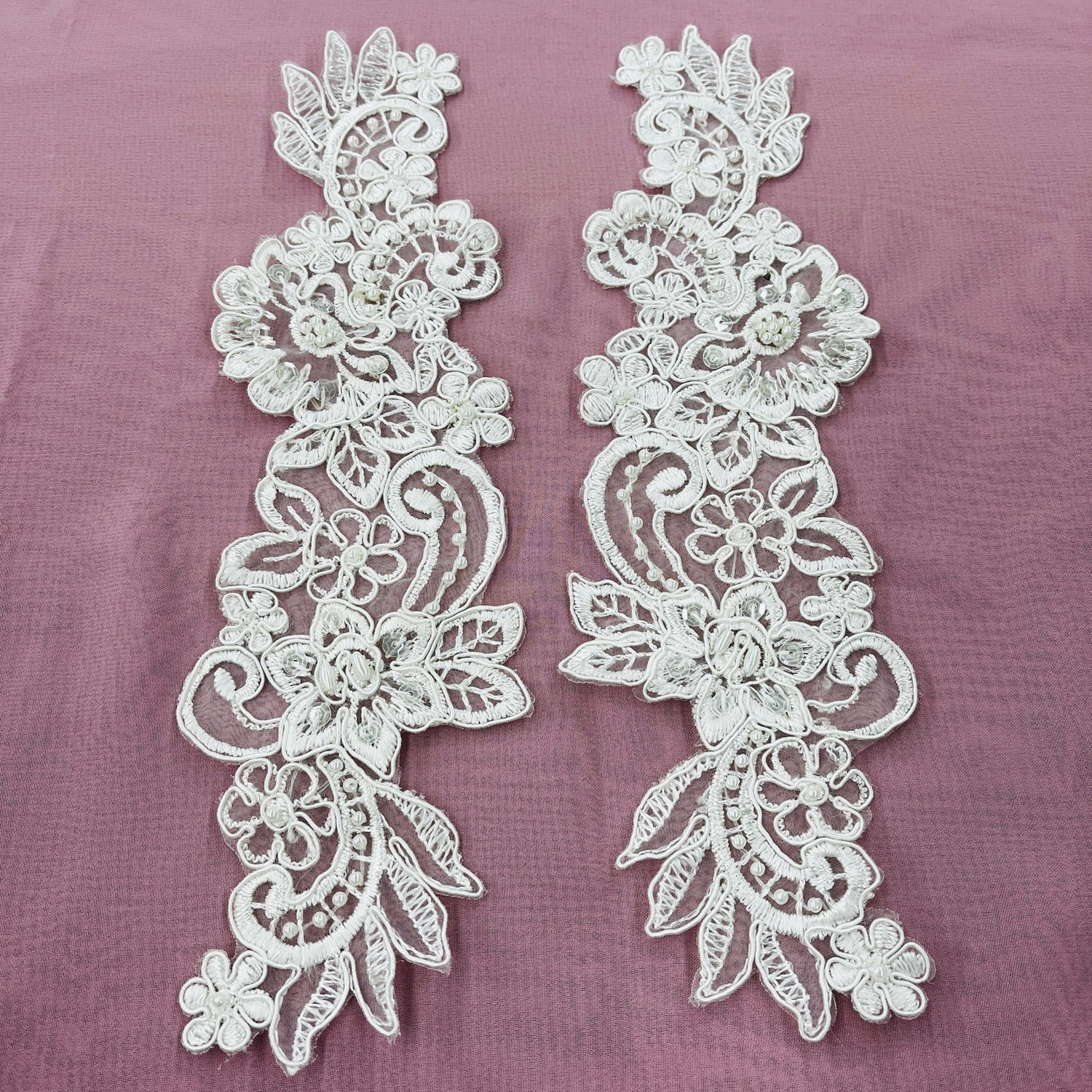 1 Pair 10" x 3" Each Side Beaded & Corded Floral Lace 100% Polyester Organza