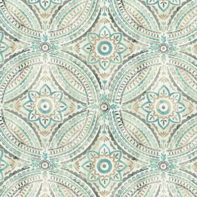Blissfulness Spa Cotton Fabric - Aqua, Beige, Gray Medallion Print, 54" Width (1 Yard)