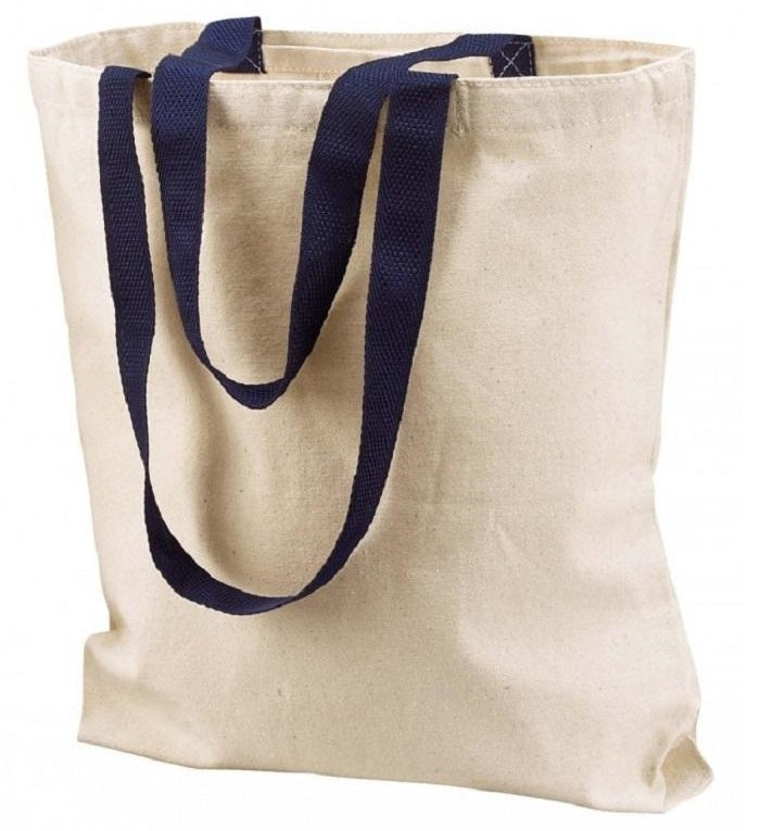 Canvas Tote Bag - Tan, Navy Blue Handle, 15" X 14" X 3" (1 Unit)