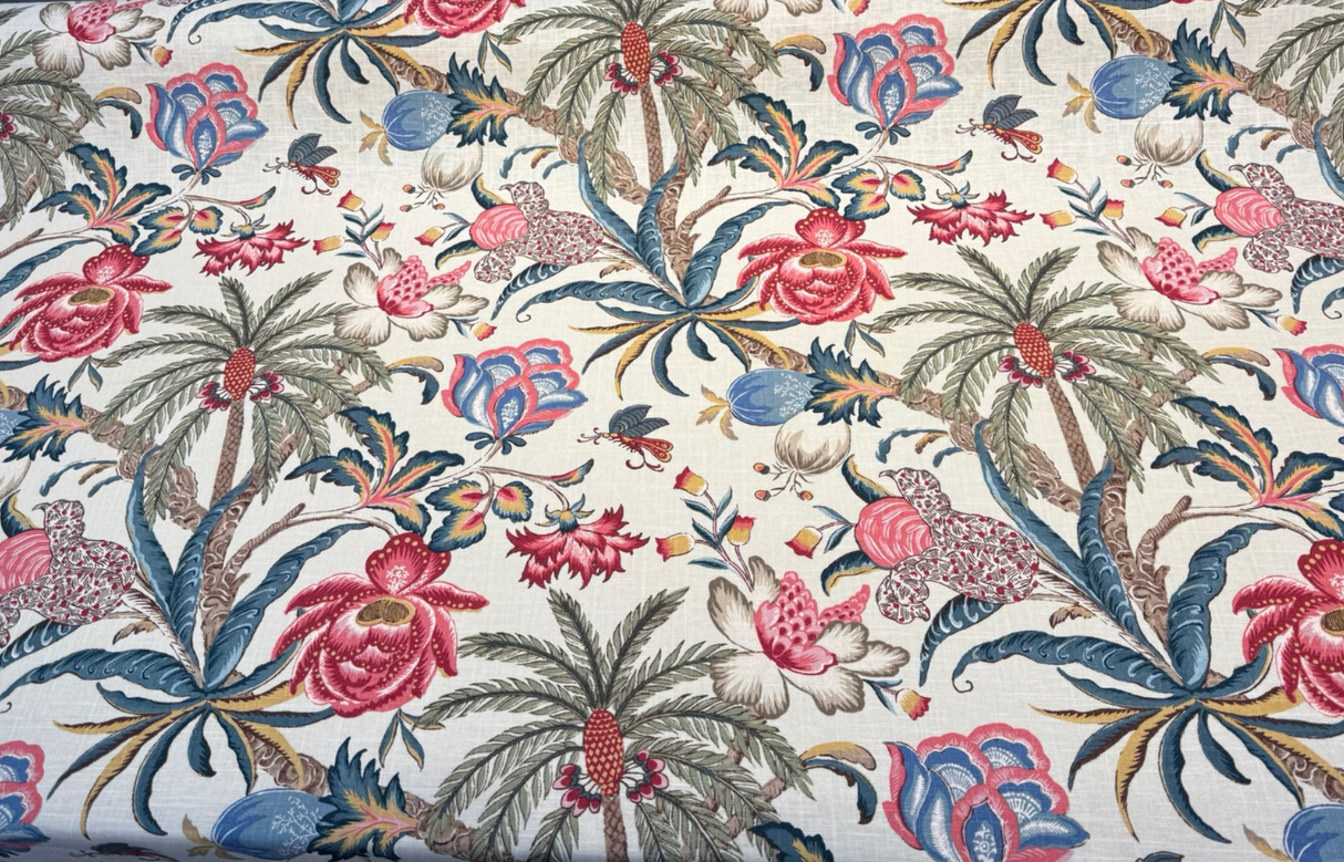 Exotic Curiosity Jewel Linen Fabric - Tropical Floral Botanical Print, 54" Width (1 Yard)