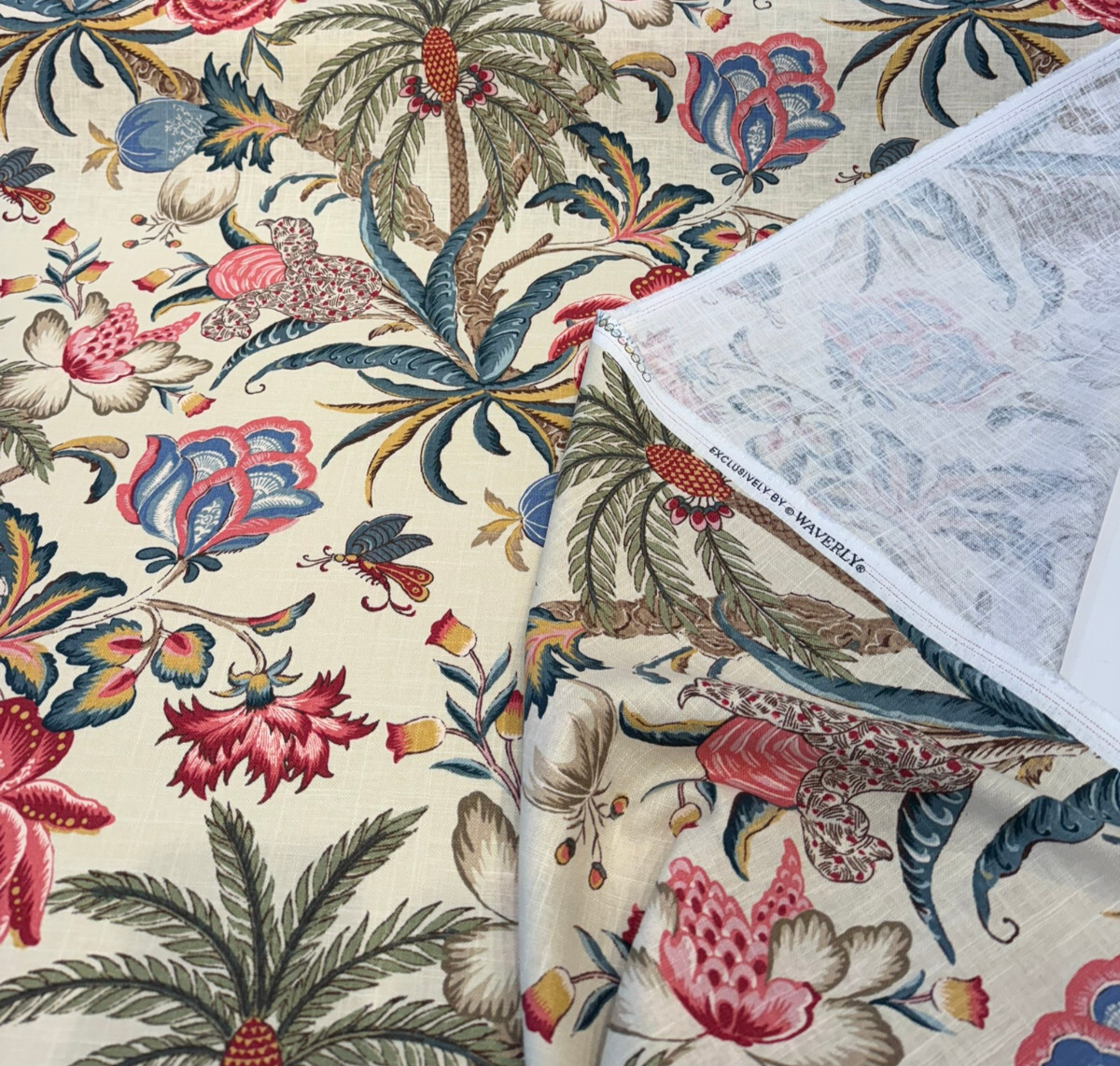 Exotic Curiosity Jewel Linen Fabric - Tropical Floral Botanical Print, 54" Width (1 Yard)