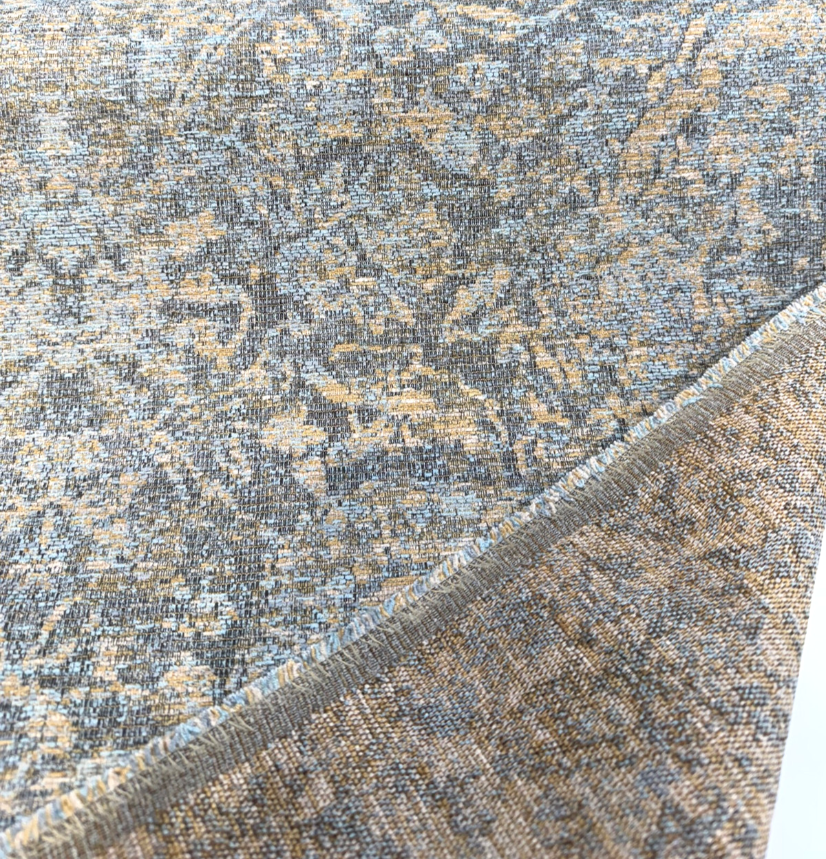Garzoni Spa Vintage Chenille Upholstery Fabric - Spa Blue, Golden Beige Damask, 57" Width (1 Yard)