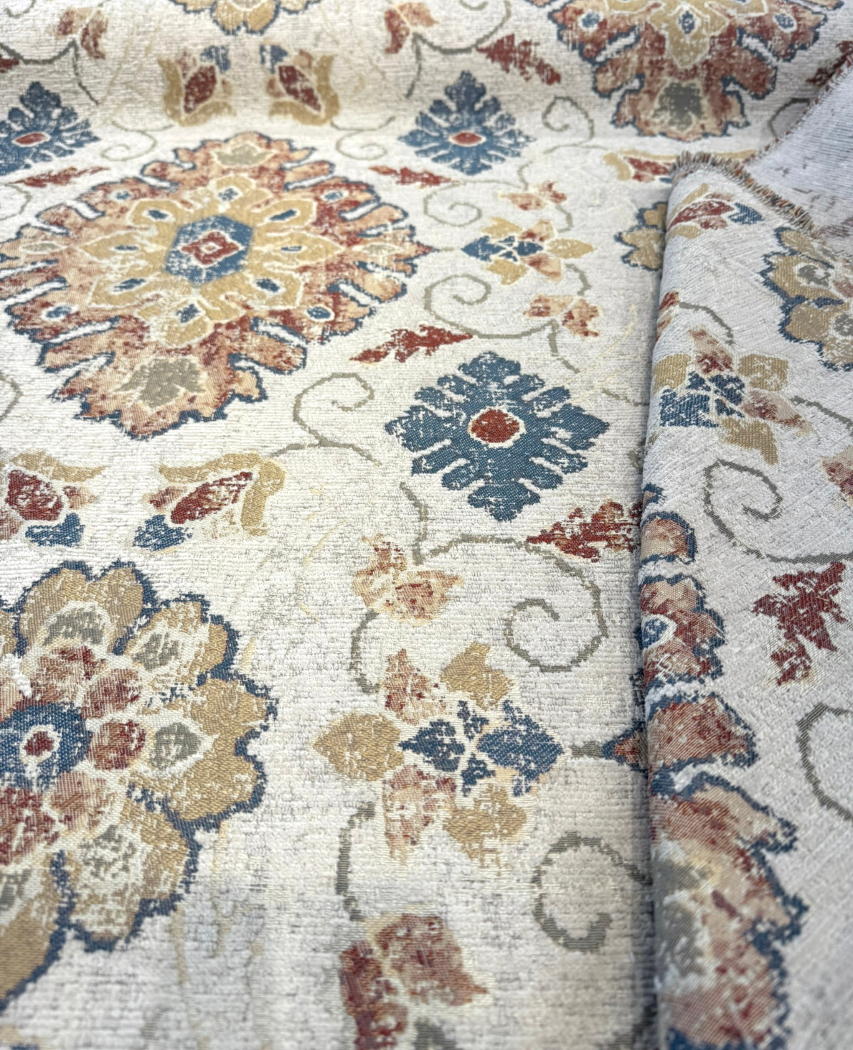 Swavelle Uwharrie Liberty Medallion Chenille Fabric - Rust, Gold, Slate Blue, Ivory Medallion, 58" Width (1 Yard)