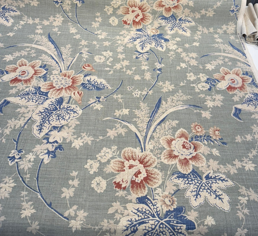 Stonington Seaspray Cotton Linen Blend Fabric - Vintage Floral, Sea Green, Rose, Federal Blue, White, 54" Width (1 Yard)