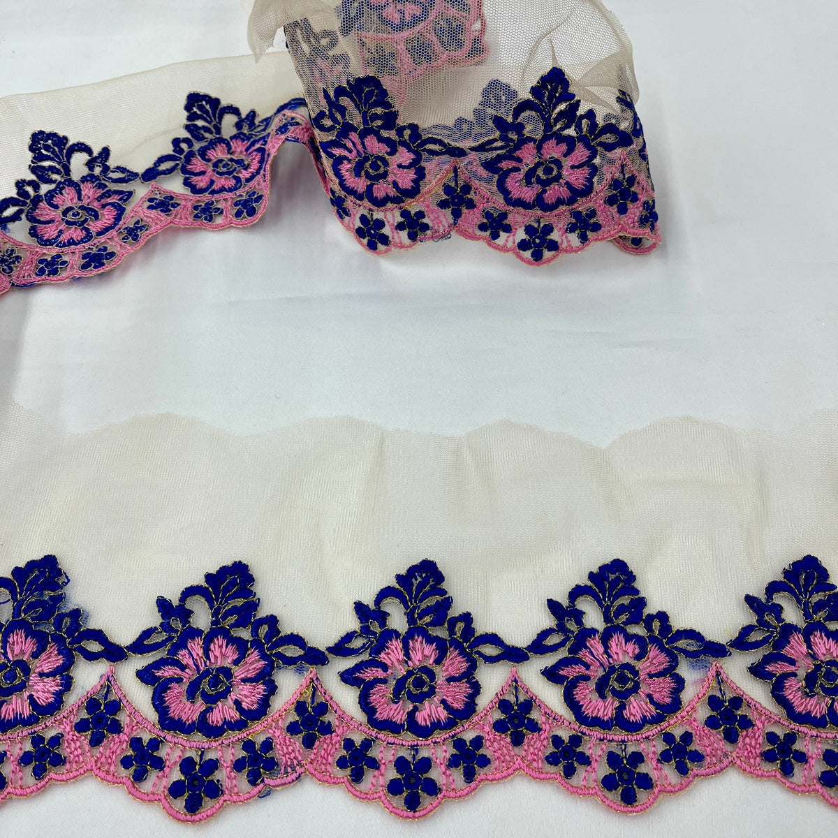 1 Yard Colorful Floral Embroidered Lace Trim on Sheer Mesh Fabric, 100% Polyester