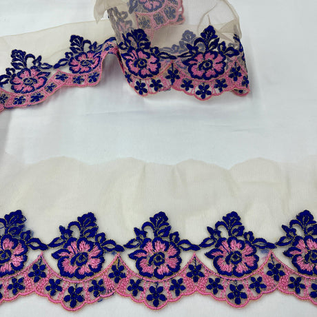 1 Yard Colorful Floral Lace Trimming on Net Mesh | 2.75" Wide | Handmade Embroidered Trim for Dresses & Costumes