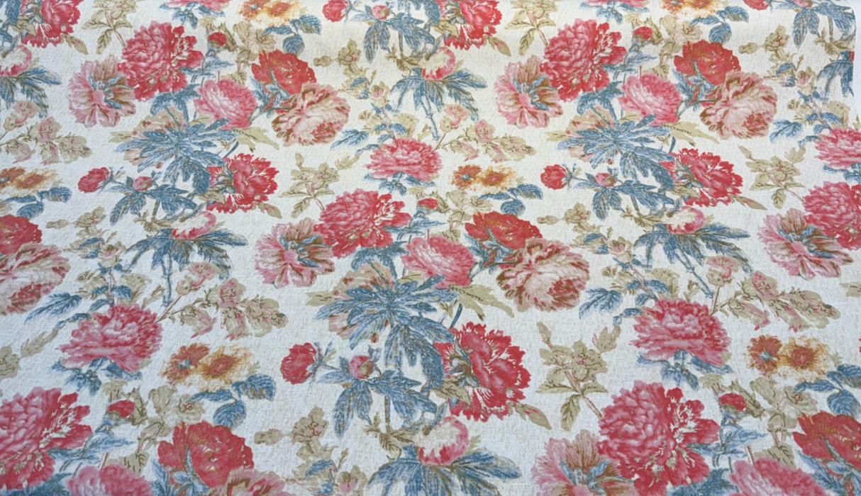 Daphne Tearose 100 Percent Cotton Duck Fabric - Floral Print, Pink Blue Beige Orange Brown, 54" Width (1 Yard)