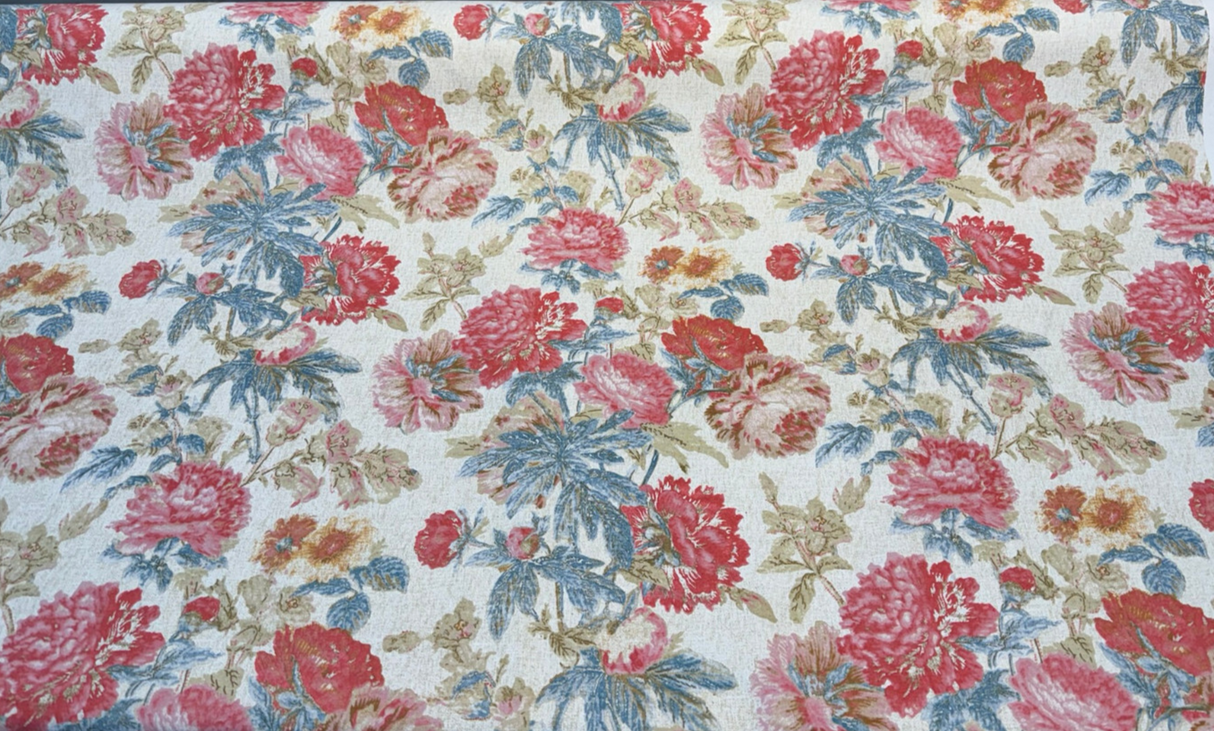 Daphne Tearose 100 Percent Cotton Duck Fabric - Floral Print, Pink Blue Beige Orange Brown, 54" Width (1 Yard)