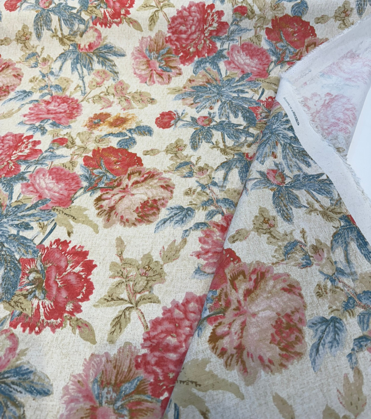 Daphne Tearose 100 Percent Cotton Duck Fabric - Floral Print, Pink Blue Beige Orange Brown, 54" Width (1 Yard)