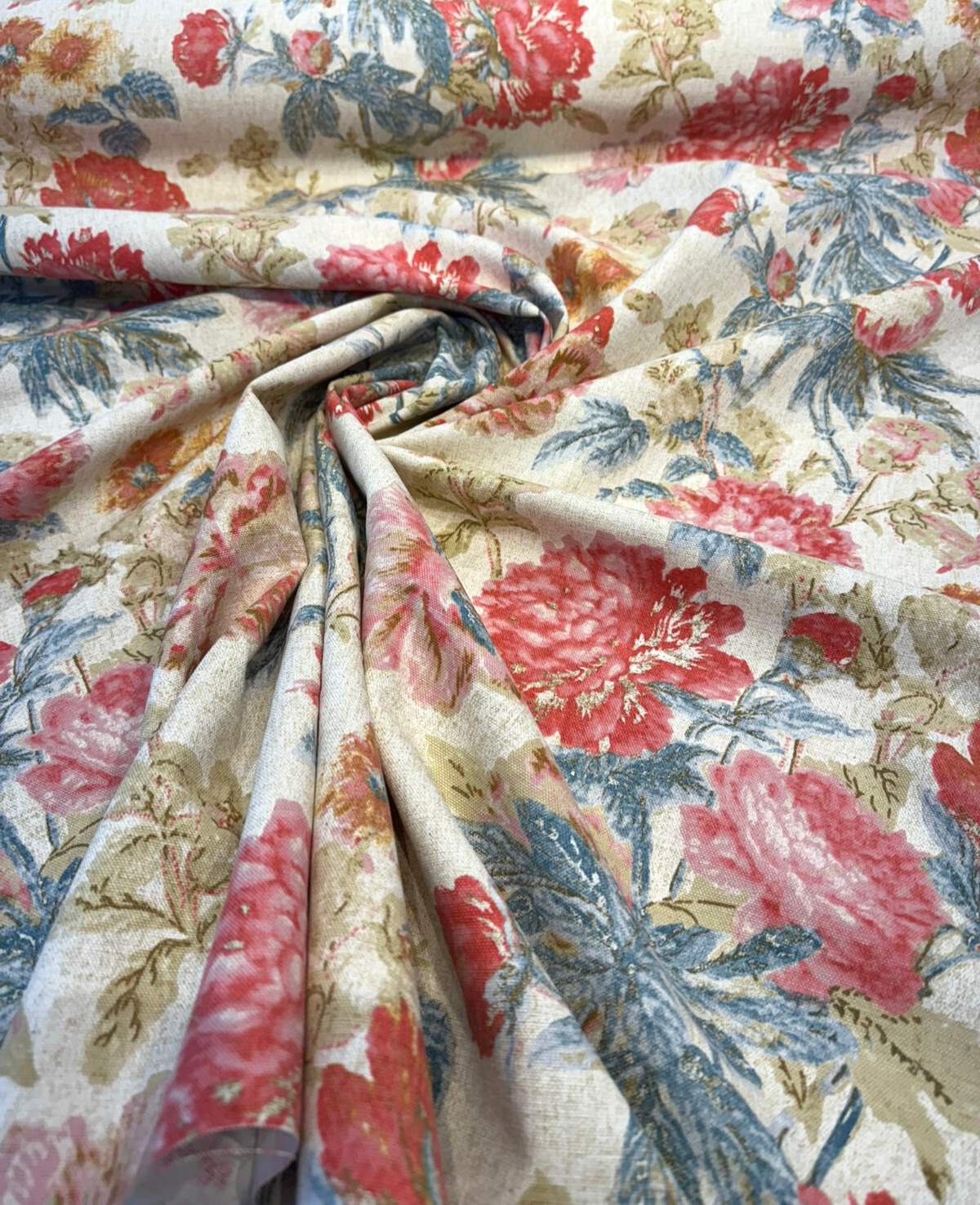 Daphne Tearose 100 Percent Cotton Duck Fabric - Floral Print, Pink Blue Beige Orange Brown, 54" Width (1 Yard)
