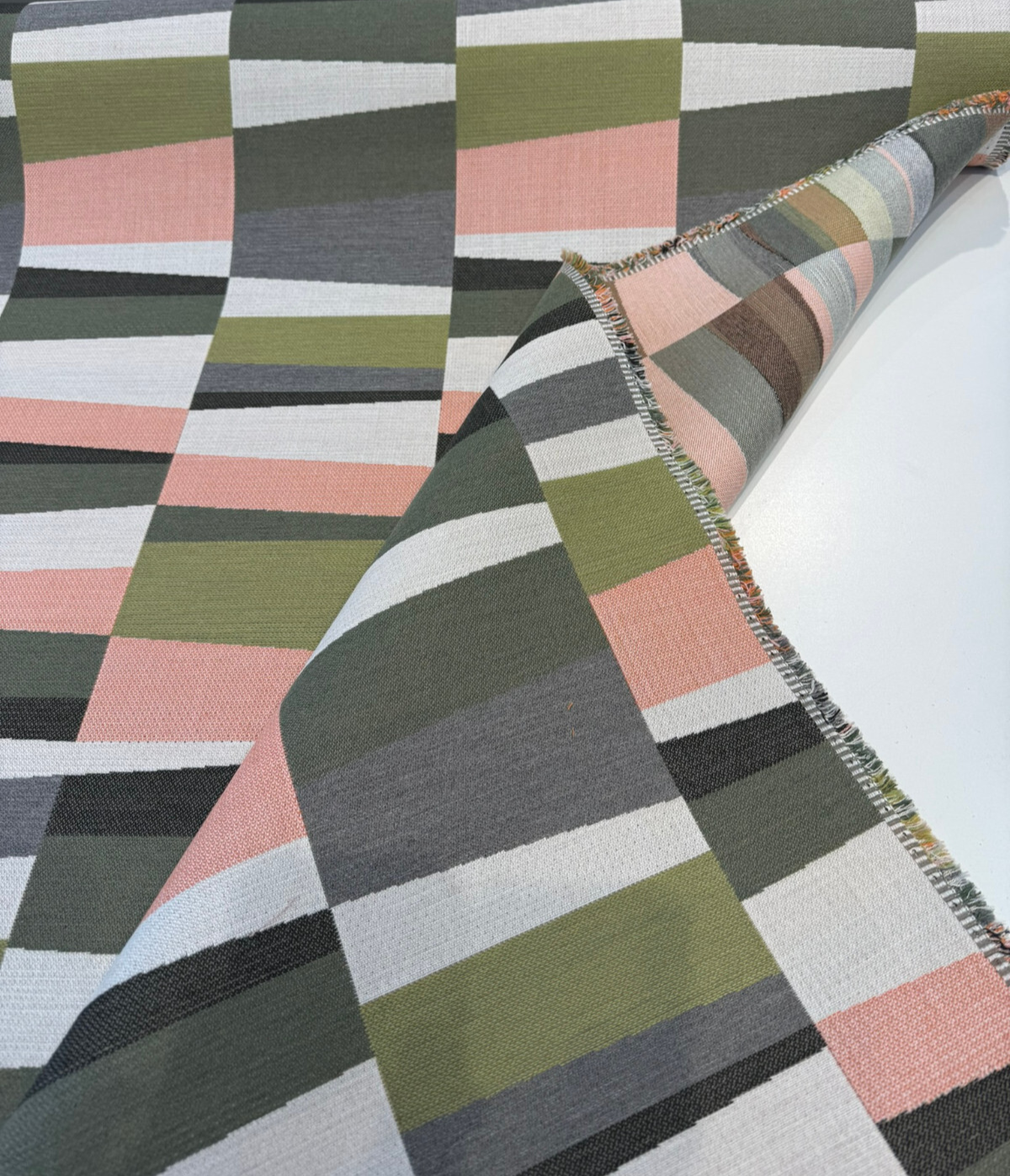 Sunbrella Patchwork Laurel Acrylic Fabric - Olive Green, Clay Pink, Gray, Cream Geometric Pattern, 54" Width (1 Yard)