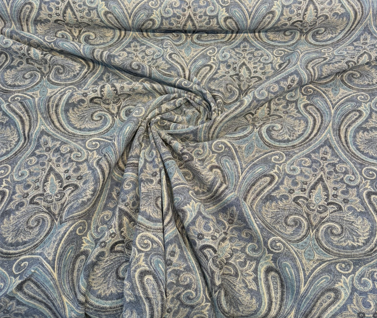 Waverly Quiet Place Cotton Linen Blend Fabric - Ink Blue Damask, 54" Width, 17.75" Vertical Repeat, 13.5" Horizontal Repeat (1 Yard)
