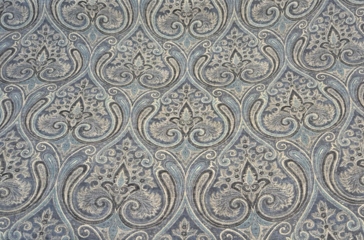 Waverly Quiet Place Cotton Linen Blend Fabric - Ink Blue Damask, 54" Width, 17.75" Vertical Repeat, 13.5" Horizontal Repeat (1 Yard)