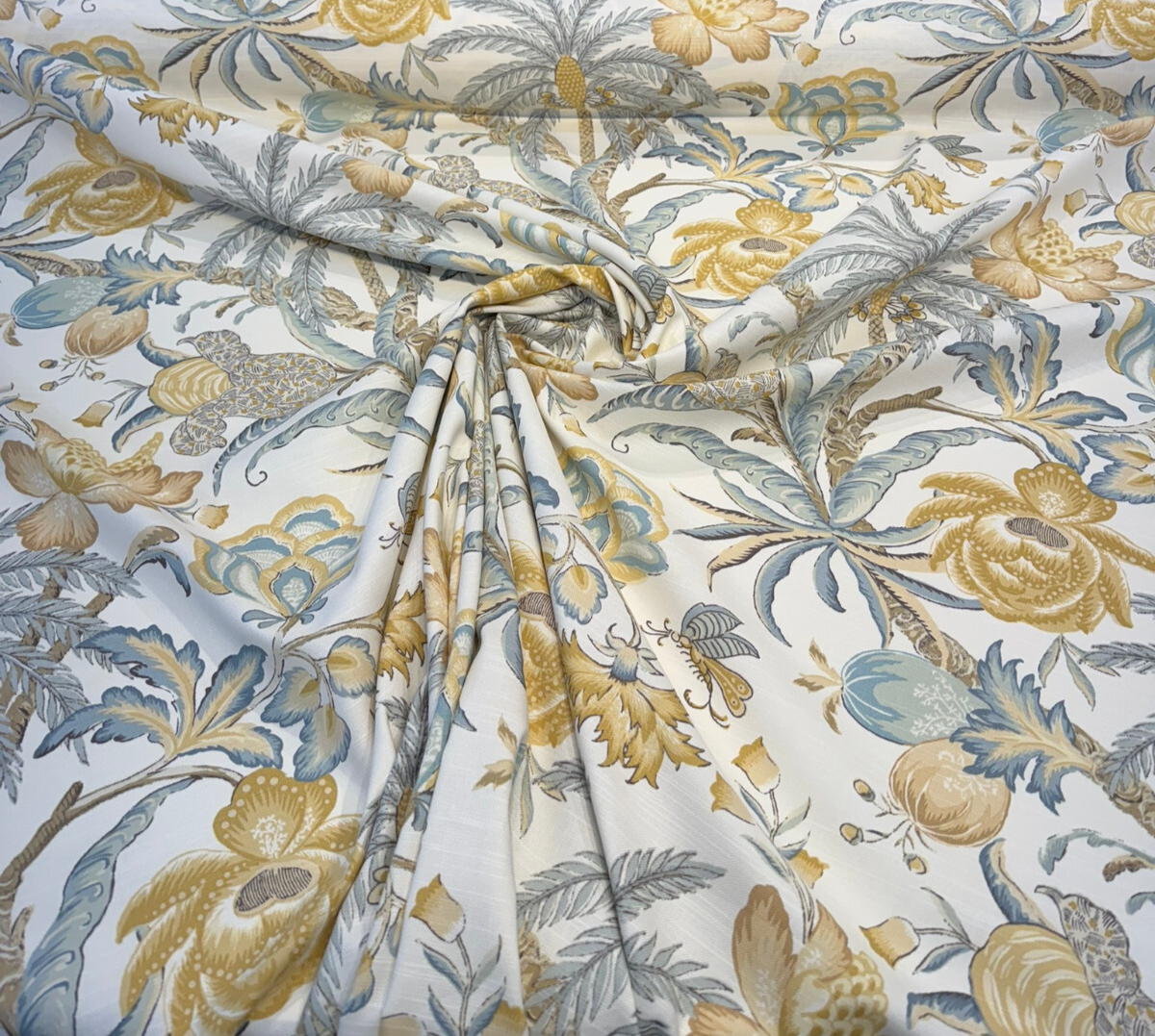 Waverly Fiji Flora Blond Cotton Fabric - Tropical Floral Print, Blond Gold, Pale Denim Blue, 54" Width (1 Yard)