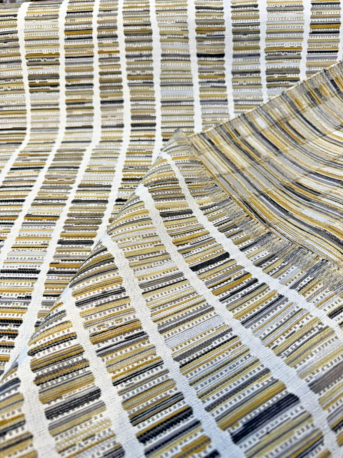Blackbook Goldenrod Chenille Upholstery Fabric - Goldenrod, Ivory, Charcoal, Taupe Vertical Stripe, 55" Width (1 Yard)