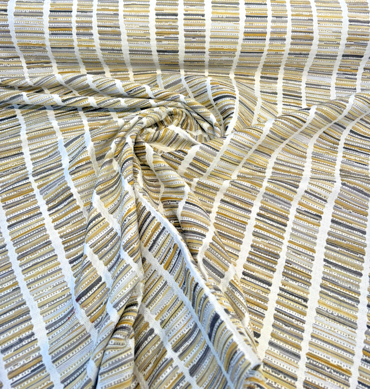 Blackbook Goldenrod Chenille Upholstery Fabric - Goldenrod, Ivory, Charcoal, Taupe Vertical Stripe, 55" Width (1 Yard)