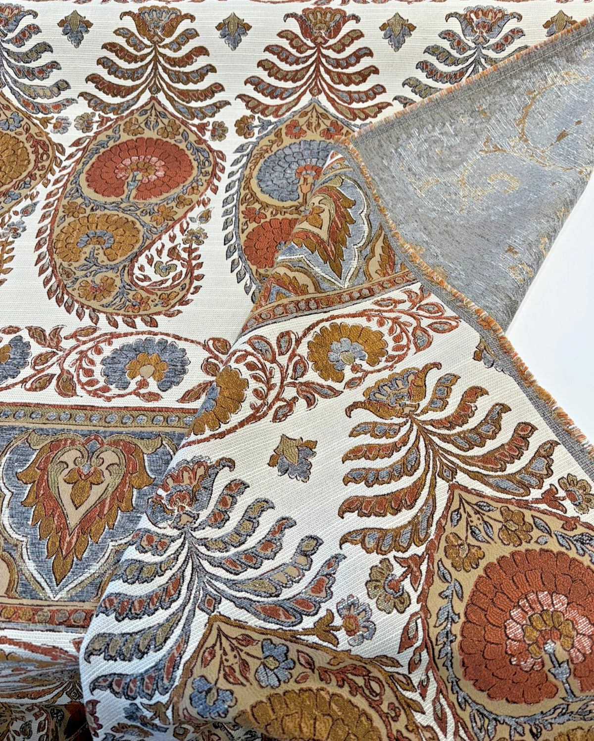 Swavelle Pear Up Russet Chenille Upholstery Fabric - Large Paisley Floral Damask, Russet, Gold, Dusty Blue, 56.5" Width (1 Yard)