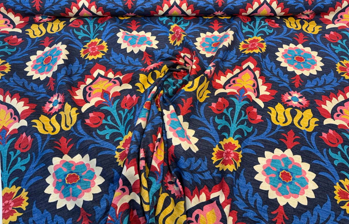 Santa Maria Lapis Printed Cotton Duck Fabric - Floral Damask, Cream/Navy Blue/Maroon, 54" Width (1 Yard)