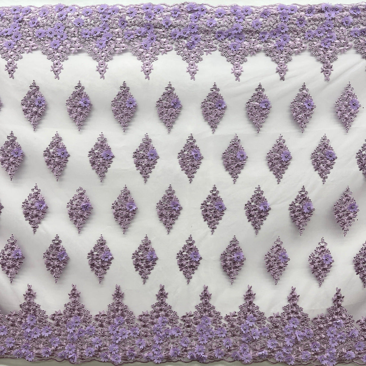 Beaded 3D Floral Lace Polyester Fabric - Off White, Gold, Silver, Lt. Blue, 52" Wide (1 Yard)