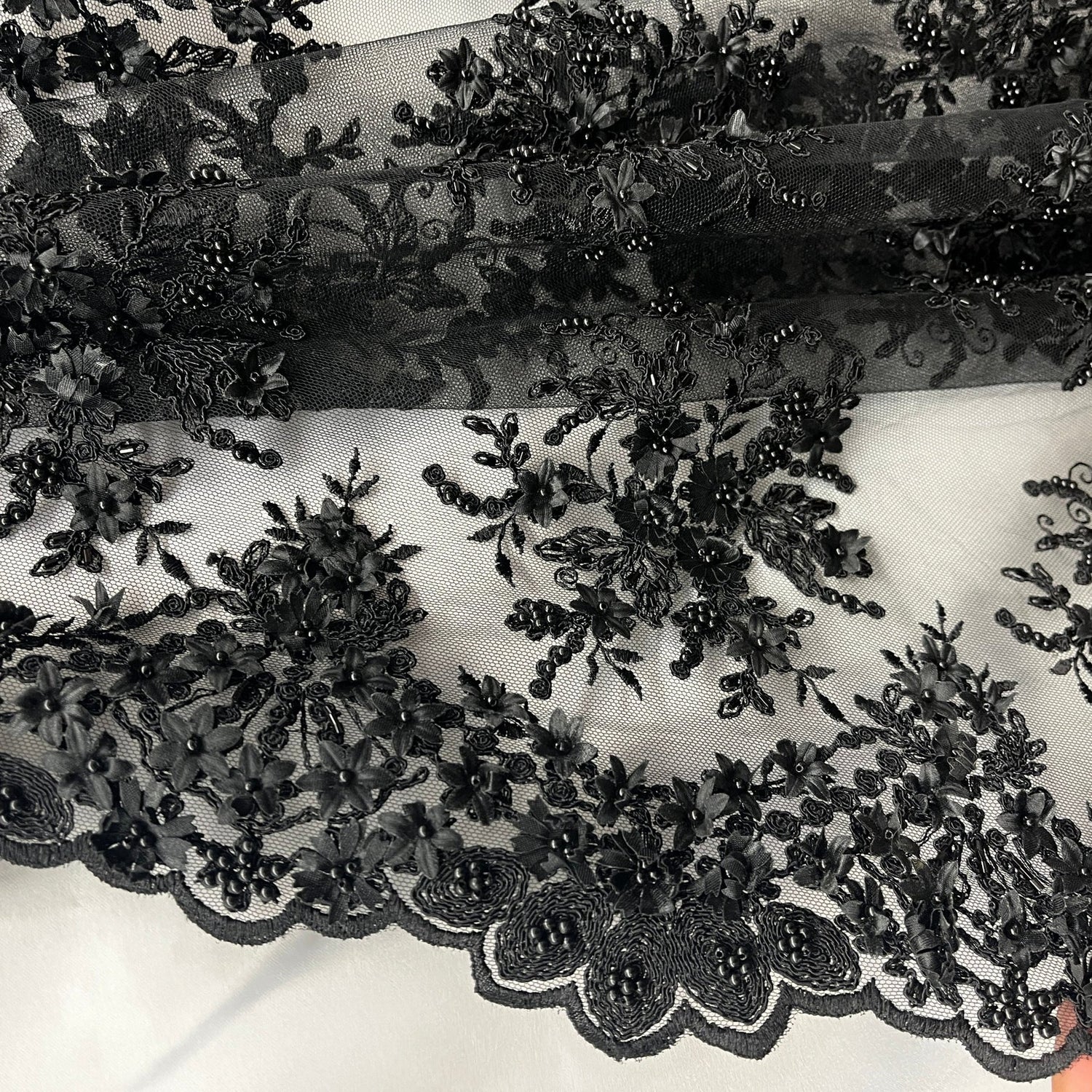1 Yard Beaded 3D Floral Lace Fabric Embroidered 100 Percent Polyester Net Mesh 50 inch Width