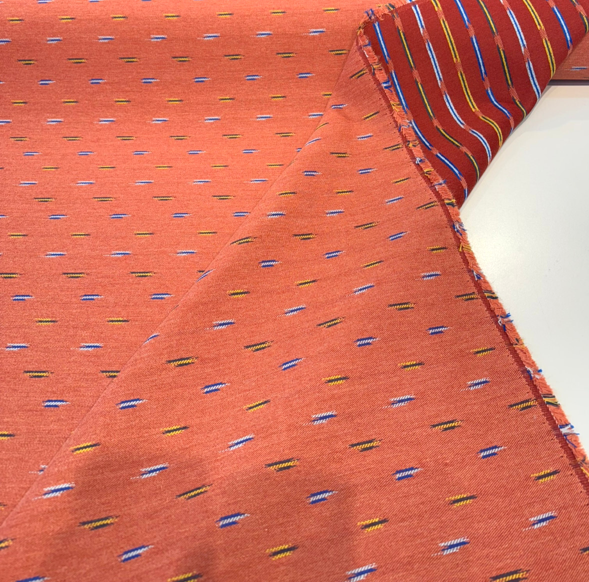 Sunbrella Bahasa Mesa Acrylic Fabric - Burnt Rust Multicolor Dash Pattern, 54" Width (1 Yard)