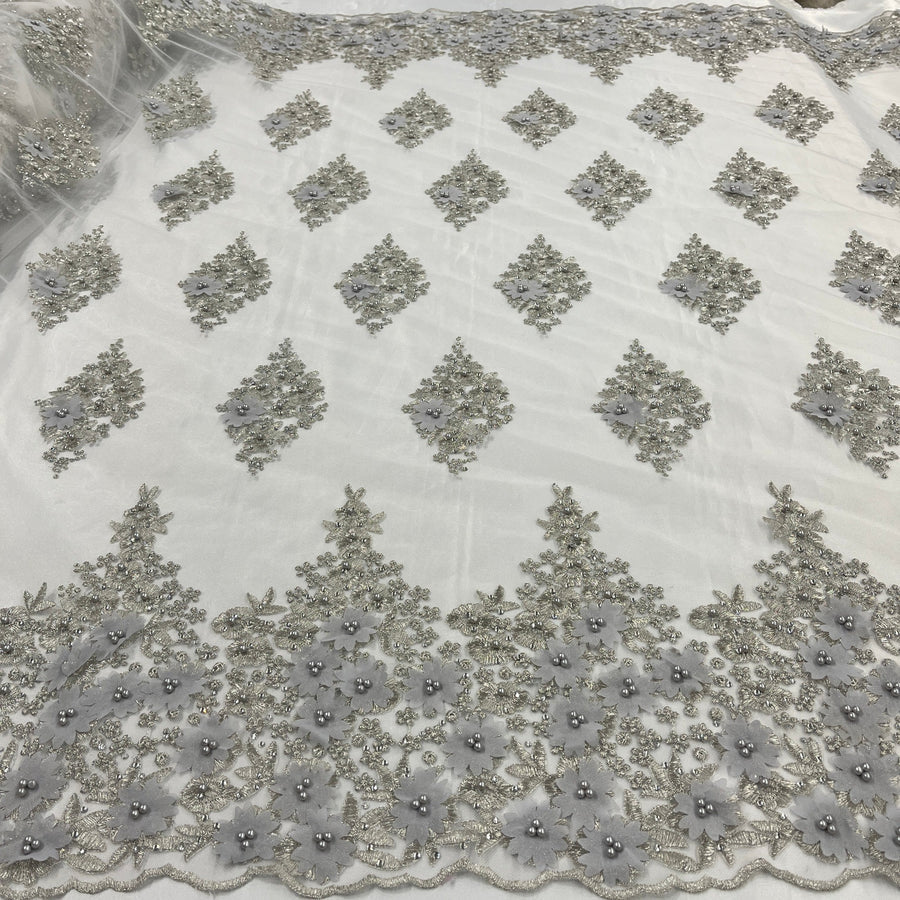 1 Yard - Beaded 3D Floral Lace Fabric Embroidered on 100% Polyester Net Mesh - 52" Wide