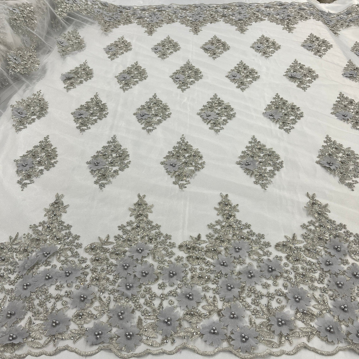 1 Yard Beaded 3D Floral Lace Fabric Embroidered on Polyester Net Mesh 52 inch Width