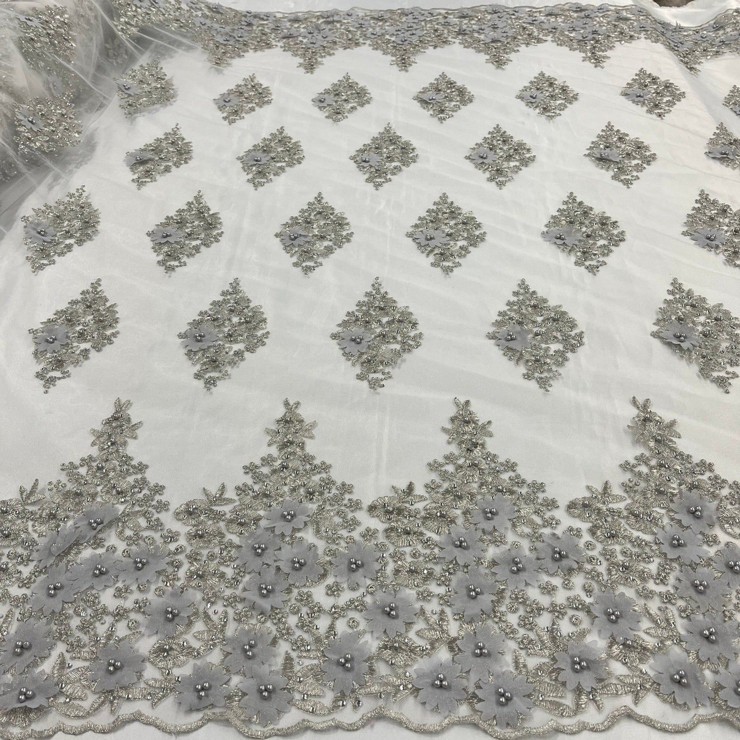 1 Yard Beaded 3D Floral Lace Fabric Embroidered on Polyester Net Mesh 52 inch Width