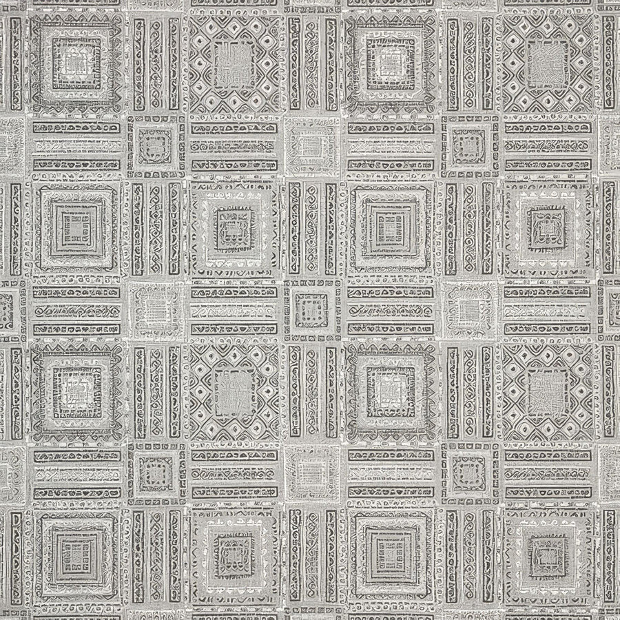 Sunbrella Garza Gray Fog Acrylic Fabric - Gray, Black Geometric Pattern, 56" Width (1 Yard)