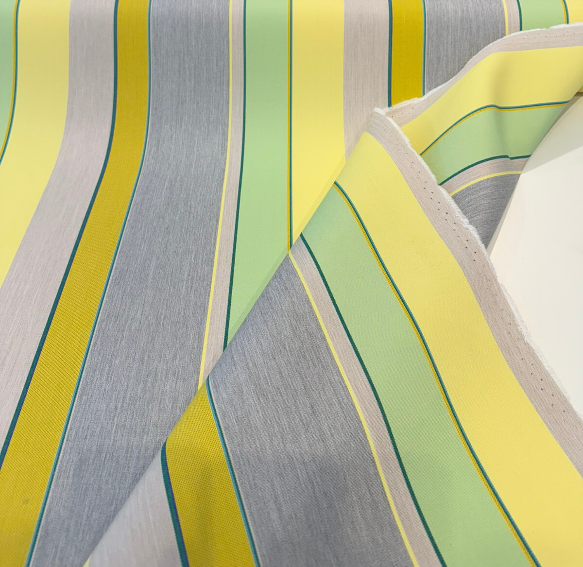 Sunbrella Expand Acrylic Fabric - Citronelle Gray Yellow Green Vertical Stripes, 54" Width (By The Yard)