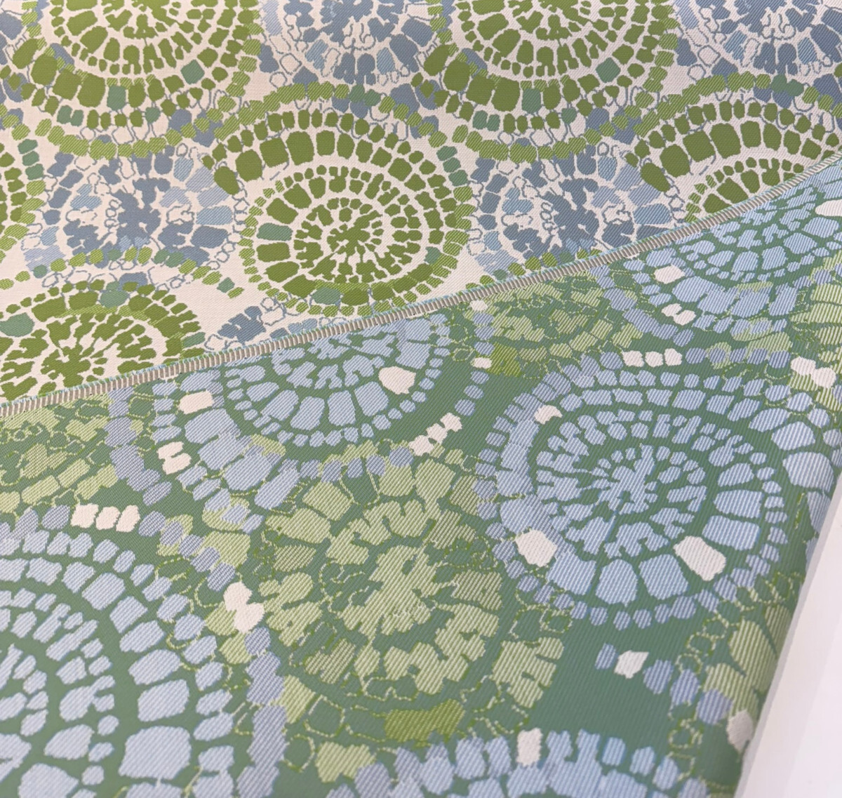 Sunbrella Conch Seaweed Solution-Dyed Acrylic Fabric - Green Blue Tie-Dye Shell Print, 56" Width (1 Yard)
