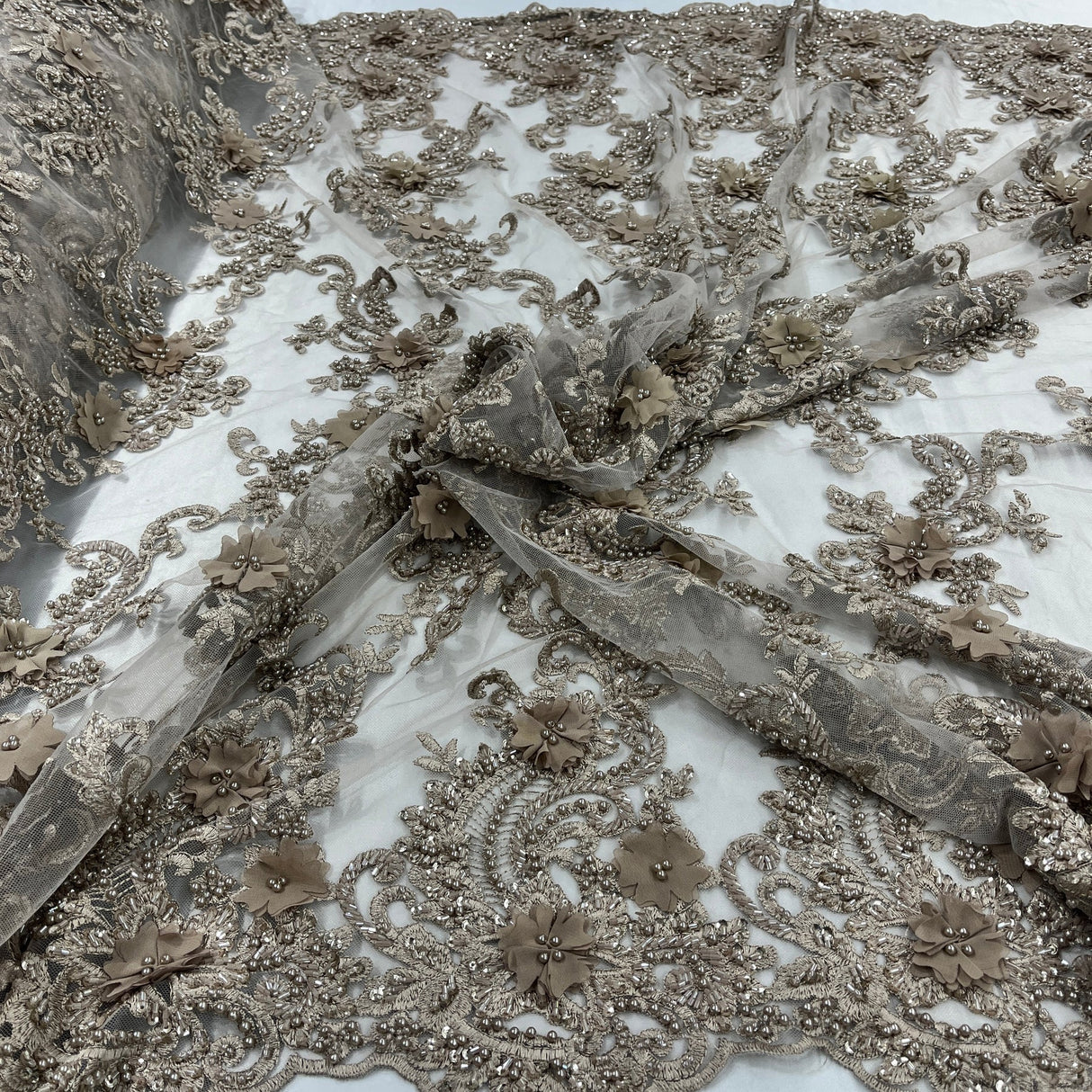 1 Yard Sage 3D Beaded Floral Embroidered Lace Fabric on Polyester Mesh, 52” Wide