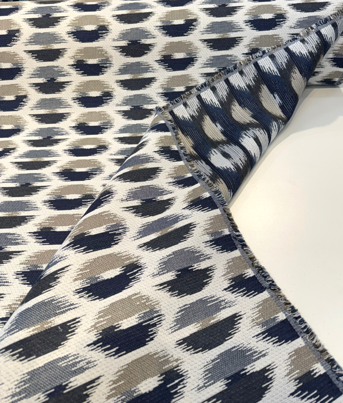 Escape Sapphire Sunbrella Acrylic Fabric - Navy, Sapphire Blue, Steel Gray, Ivory Abstract Ikat, 54" Width (By The Yard)