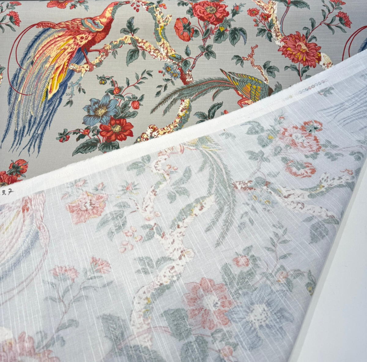 Olana Shadow Birds Cotton Fabric - Birds & Floral Print, Soft Gray Background, 54" Width, 32" Vertical X 27" Horizontal Repeat (1 Yard)